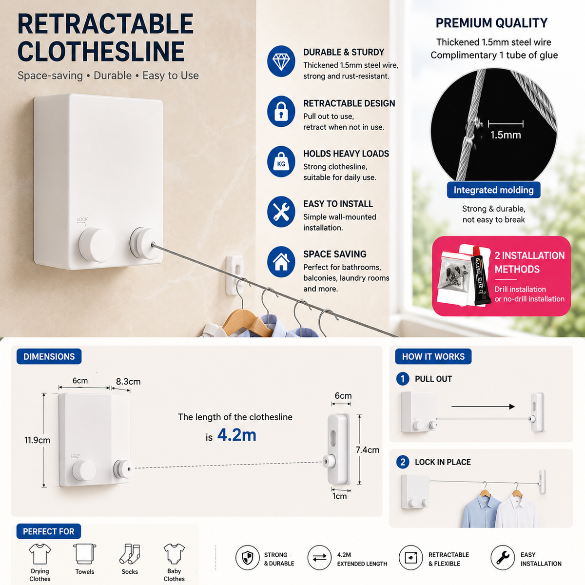 Telescopic Clothesline – Adjustable Retractable Clothes Drying Rope | حبل غسيل تلسكوبي قابل للتمديد