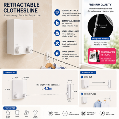 Telescopic Clothesline – Adjustable Retractable Clothes Drying Rope | حبل غسيل تلسكوبي قابل للتمديد