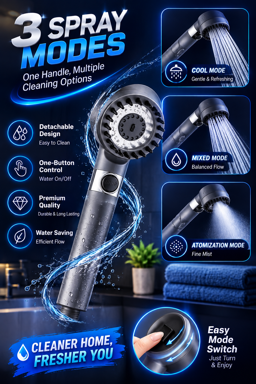 3 Modes Shower Head – High Pressure Adjustable Shower Head | رأس دش بـ 3 أوضاع