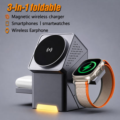 3-in-1 Magnetic Wireless Charger – Fast Charging Stand for Phone, Watch & Earbuds
